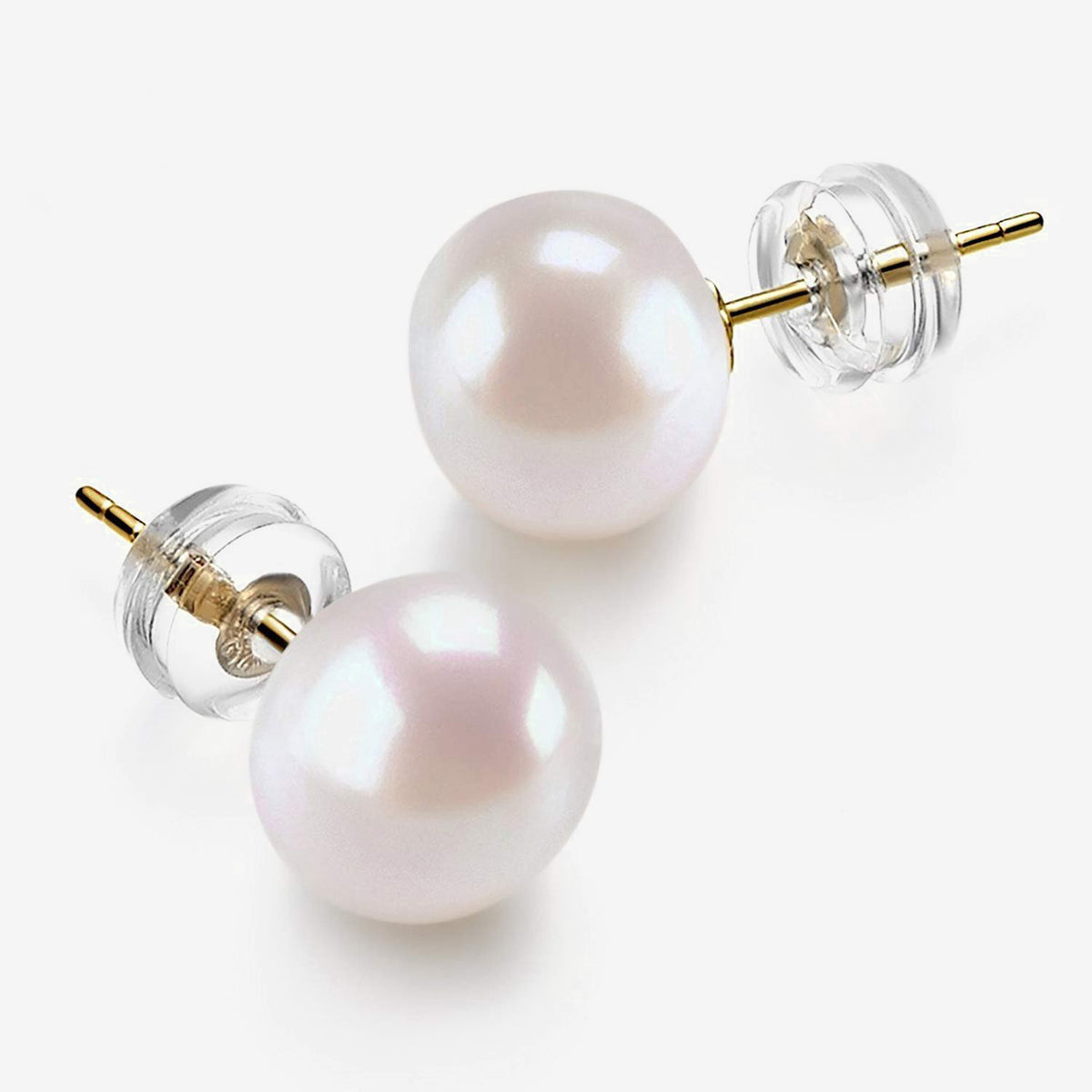 18K gold solid double-sided pearl earring studs, Au750 stamped gold, freshwater round white pearl earring, sold 9-10MM purple pearl earring